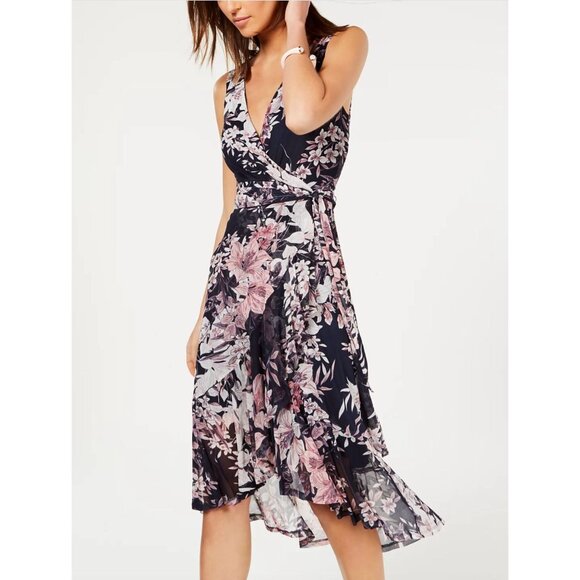 Connected Navy Blue Floral Print Mesh High-Low‎ Ruffled Midi Dress w/Tie Size 16 - Picture 1 of 7